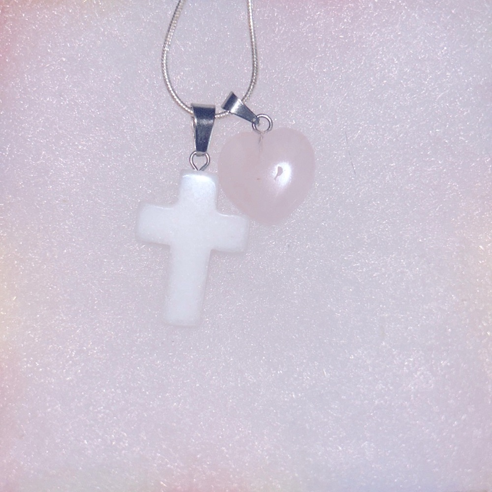 Boho hippie Howlite Crystal Cross & Rose Quartz heart Sterling Silver 16” …